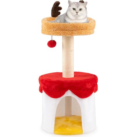 COSTWAY Albero di Natale per Gatti con Letto, Tiragraffi per Gatti Alto 80 cm con Tiragraffi in Sisal, Pallina Appesa, Condo e Cuscino Lavabile, Piccolo Centro Attività per Animali Domestici (1/5)