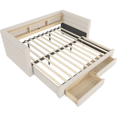 Cama nido extensible 90 x 190 cm de terciopelo beige con USB-C, LED y 2 cajones (1/5)