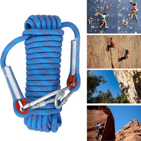 Corde d'escalade, nylon élastique pour l'extérieur, matériel de sécurité, de sauvetage et d'évacuation, 12 mm, 30 mètres, 2 crochets, bleue. (1/5)