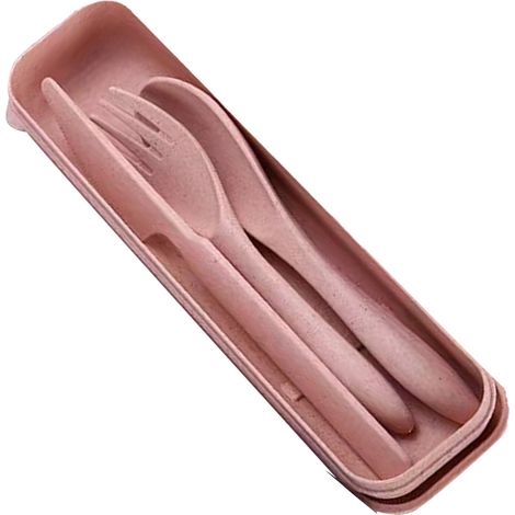Ensemble de vaisselle portable créatif en paille de blé 3 pièces avec couteau, fourchette et cuillère - Style nordique, présenté dans une boîte pratique (1/5)