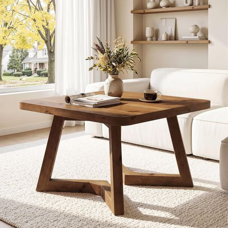 Tribesigns Square Coffee Table, 80 cm Solid Wood Table for Living Room, Farmhouse Accent Cocktail Center Table with Double Geometric Pedestal, Walnut Brown