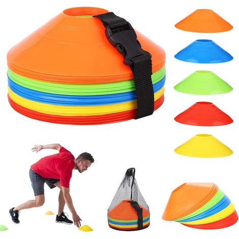 Lot de 50 cônes de marquage, cônes de sport avec sangles à boucle, sac en filet, ensemble de casquettes de football pour le football, le hockey, le patinage sur glace, le handball ou comme aide à l'en (1/5)