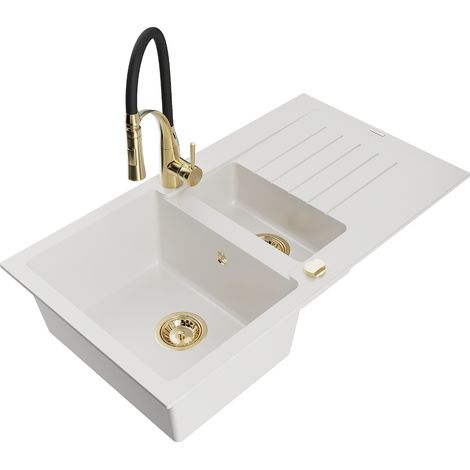 Mexen Matias fregadero de granito 1,5 cámaras con escurridor y grifo de cocina Aster, blanco - 6502-20-73450-57-G (1/5)