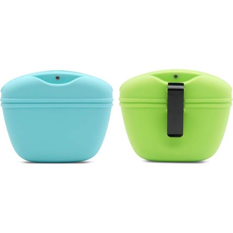 2 sacs à collation en silicone pour chien avec fermeture magnétique et clip de taille (bleu + vert)