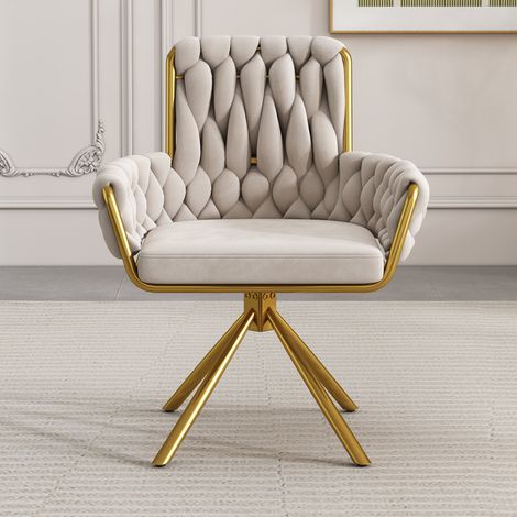 Velvet Dining Chair, Armchair, Single Luxurious Living Room and Bedroom Swivel Chair, Leisure Swivel Chair with Four Metal Support Legs, Beige (1/5)