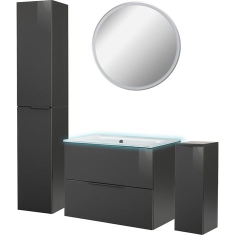 Fackelmann LUNA Badmöbel Set 6-teilig, 80 cm breit, Anthrazit, Glas Weiß+Spiegel+2 Badschränke"-"90264145 (1/5)