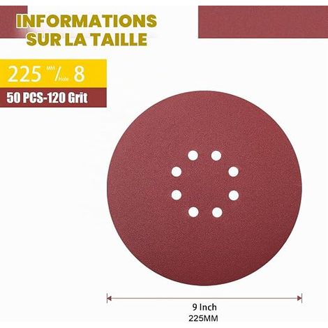 Disques de Ponçage 225 mm Trous Disques Abrasifs 225 mm Ronds Papier Abrasif pour Ponceuse pour Cloisons Sèches Ponceuse Girafe Grain 120 (1/4)