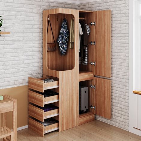 Armoire 70 x 40 x 170 cm, avec tiroirs et compartiments de rangement, espace penderie ouvert, une porte, coloris bois