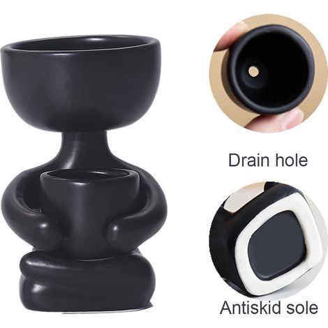 Pot Céramique - Pour Succulentes - Forme Humaine - 2 Compartiments - Tête 5,5 cm Main 3 cm - Décoration Intérieure - Lot de 1 (1/5)