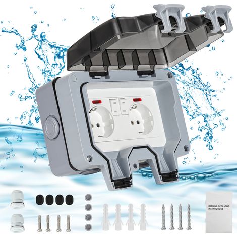 TolleTour Außensteckdose Gartensteckdose Outdoor Steckdose IP66 16A Wasserdicht Staubdicht Wandsteckdose 2 Loch mit Schalter