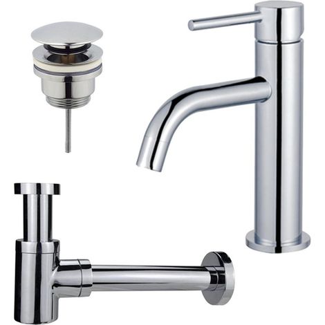 FugaFlow Eccelente Sobrado Slim Slim Kit mitigeur lavabo - robinet bas - bonde clic clac - siphon design bas - Chrome brillant (1/4)