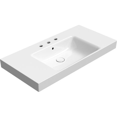 Lavabo en céramique SAND 100x50cm avec étagères, bord inférieur moulu, 3 trous de robinetterie, blanc ExtraGlaze (1/5)