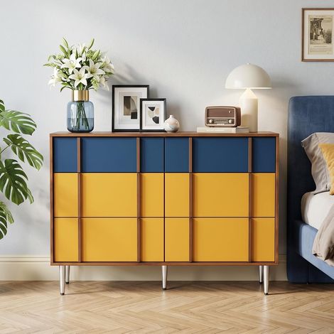 UEV Comò Soggiorno con 6 Cassetti Design Bicolore,Letto Stabile e Salvaspazio, Mobiletto Moderno Pratico e Sicuro con Design Antiribaltamento, 100x35x74cm, Giallo e Blu (1/5)