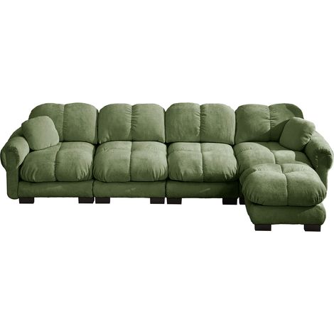Sofá esquinero en L de 4 plazas con otomana móvil, chenilla verde, 330 x 149 x 90 cm (1/5)