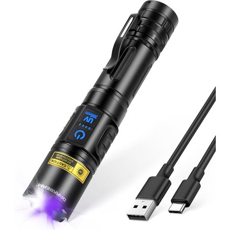 Lampe Torche UV 395 nm Lumière Noire, Lampes de Poche de Camping LED Puissante USB Rechargeable, Lampe Wood Ultraviolette Détecteur pour d'Urine, Ambré, Verre d'Uranium, Résine, 2 Paquets