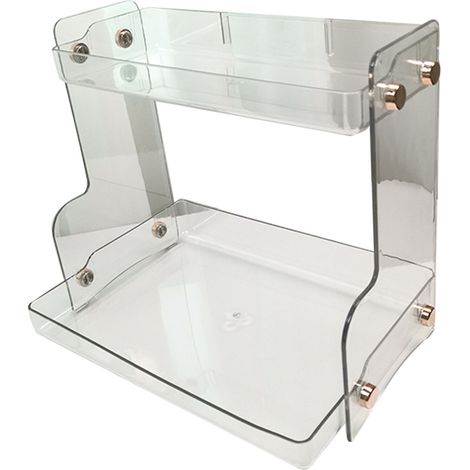 Étagère de rangement de bureau à double niveau, gain de place, multifonctionnelle, transparente, idéale pour les dortoirs et les bureaux. (1/5)