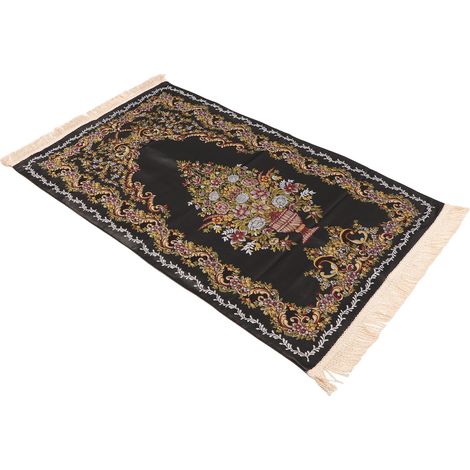 Tapis de prière polyvalent, élégant, brodé, à pompons décoratifs, double couche, noir, pour la maison, le camping ou tout autre lieu de prière musulman. (1/5)