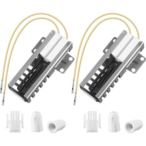 Pack of 2 gas oven igniters compatible with WB13K21, IG9998, AP2020569, PS231280, and WB13T10045. Oven igniter flat connector and nut. Compatible with Hotpoint gas ovens.