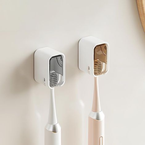 Soporte de pared de dos piezas para cepillos de dientes con tapa para ducha - [Diseño innovador de una sola ranura] con tapa - Soporte para cepillos de dientes - Caja para cepillos de dientes - (Marró