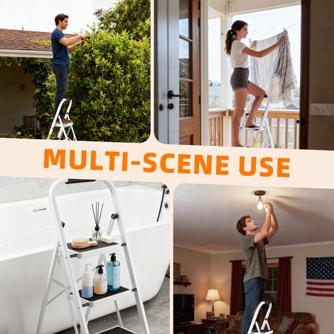 Escabeau pliant pour adultes avec pédale antidérapante, capacité de charge de 150 kg, idéal pour la cuisine et la maison, blanc. (1/5)
