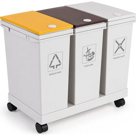Relaxdays Poubelle de tri, 3 bacs, 3 x 12 l, roulettes, porte-sac, couvercle à pression, plastique, blanche (1/5)