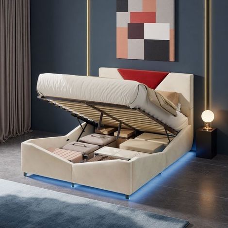 Letto matrimoniale trapuntato - 140x190 cm - Velluto bianco sporco - Ripostiglio pneumatico XXL - LED 7 colori