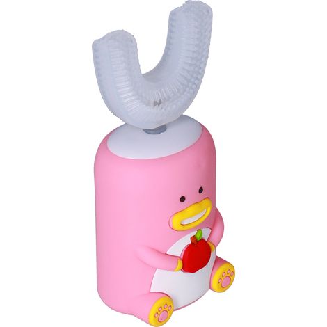 Brosse à dents électronique vibrante en silicone à 4 couches en forme de U, mignonne et automatique pour enfants, rose (1/5)