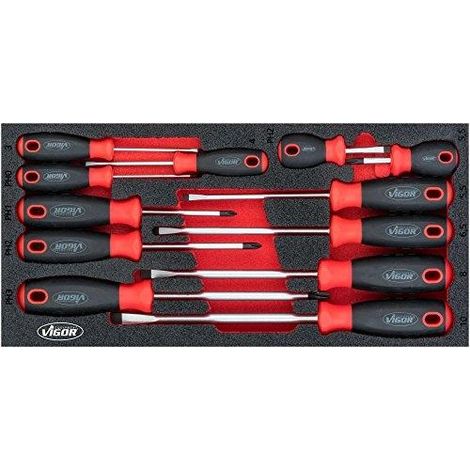 Vigor V4989 juego de 12 destornilladores rojo