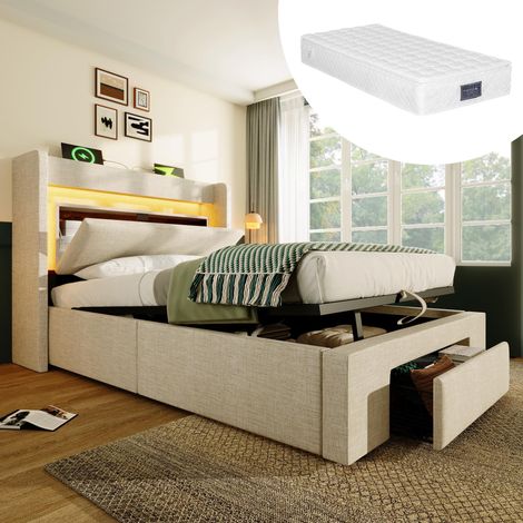 Lit capitonné 90x200 cm avec rangement hydraulique et tête de lit avec compartiment de rangement, éclairage LED et ports USB et USB-C, sommier à lattes en bois, beige, lin, avec matelas (1/5)