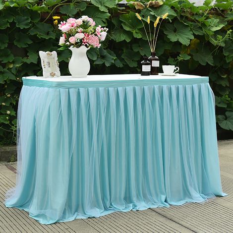 Jupe de table en tulle infroissable pour tables rectangulaires, nappe en tulle à volants réutilisable, tissu doux et lavable pour remise de diplômes (1/4)
