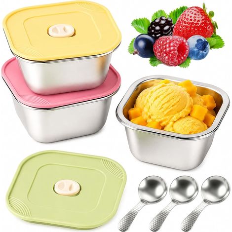 Lot 3 Boîtes Glace Inox, 400 ml, Couvercle Silicone, Cuillère, Réutilisable, Yaourt, Snacks, Glace, Sans BPA (1/5)