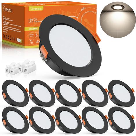Spot LED Encastrable Noir Extra Plat, 5W 450Lumen Equivalent 50W Incandescence, 2700K-3000K Blanc Chaud Spot Salle de Bain IP44, Diamètre 98mm, Diamètre du Trou Φ75-85mm, Lot de 10