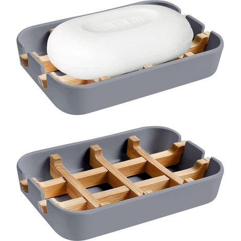 Lot de 2 porte-savons en bambou avec bac d'égouttage, porte-savon autonettoyant pour salle de bain et douche, garde le savon au sec et prolonge sa durée de vie, facile à nettoyer et idéal pour le lava (1/5)