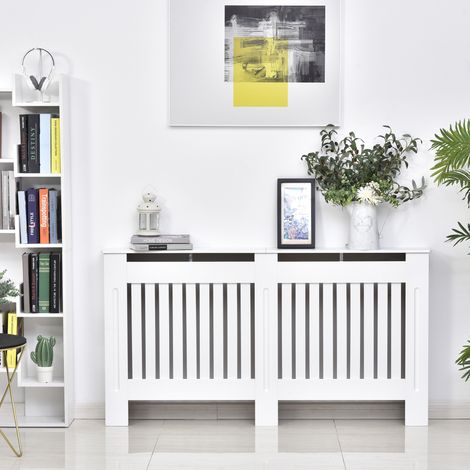 Cache radiateur lattes Blanc MDF maison/bureau 152x19x81 cm