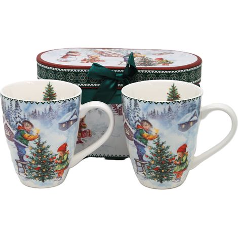 Un set di tazze natalizie in porcellana da 350 ml con motivo invernale, perfette come regalo. (1/5)