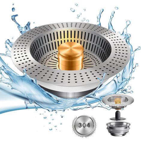 Filtre de vidange pour évier de cuisine en acier inoxydable, récupérateur de déchets alimentaires à activation par pression, bouchon et obturateur d'évier, filtre-bonde pour évier de cuisine. (1/5)