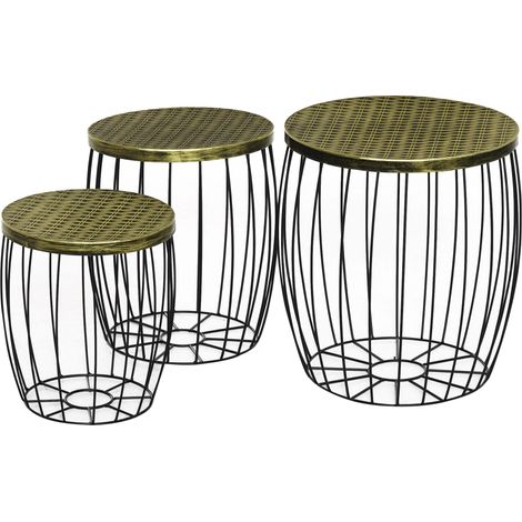 Juego de mesa de centro de 3 piezas, mesas auxiliares, mesa de jardín, cesta de metal/alambre estilo retro, conjunto de jardín con mesa, muebles de patio, exterior, balcón, metal, natural + negro, 3 t