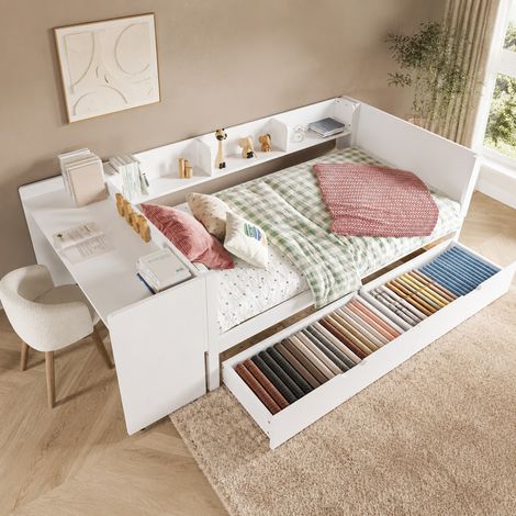 Letto matrimoniale 90x200 cm con scrivania, 2 cassetti, 3 ripiani, pino e truciolato, bianco (1/5)