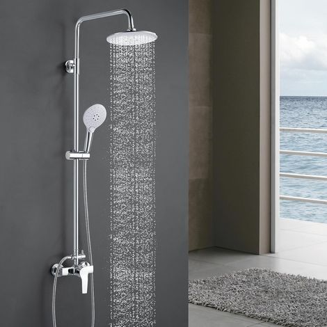 Colonne de Douche Chromé, Mitigeur Hauteur Réglable 110-145CM, Tête 21cm Mitigeur Laiton, Barre Inox 304, Douchette 3 Jets ABS, Anti-Brûlure 38°C, Flexible 1.5m Inclus, Montage Mural, Raccord G1/2 (1/5)