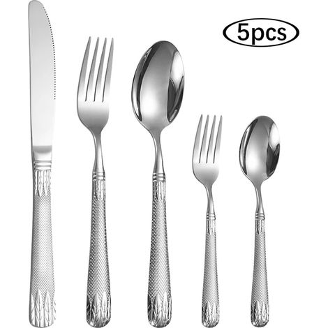 (5 pièces) Couverts en acier inoxydable couleur blé : couteau à steak, fourchette, cuillère, cuillère à dessert, fourchette à fruits (1/5)