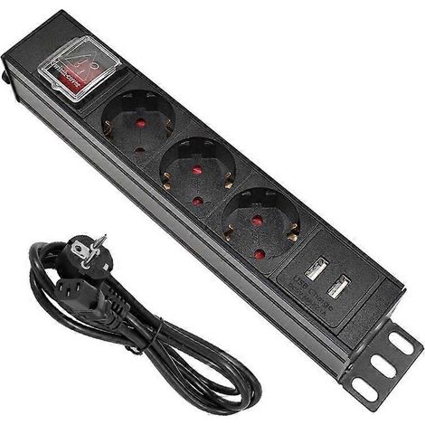 Prise de courant PDU avec port IEC-C14, 3 positions, rallonge avec disjoncteur, 2 ports USB. (1/4)