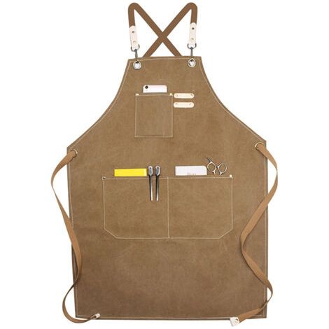Tablier de Travail Hommes/Femme,Outil Tablier de Cuisine Sangle Ajustable Toile avec 3 Poches, Tablier d'Atelier de Menuiserie pour Barbeque Baker Menuiserie Tatoueur Barber Barman Peintre - Marron (1/5)