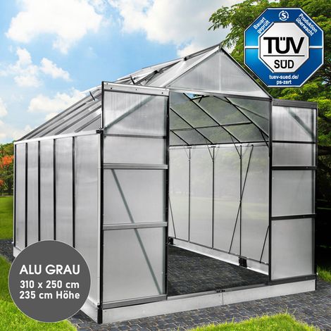 BRAST Gewächshaus Aluminium mit Fundament rostfrei TÜV geprüft 6mm Platten 310x250x235cm Grau