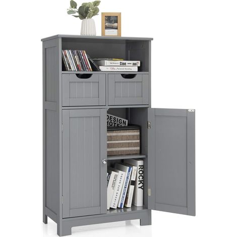 COSTWAY Meuble de Rangement de Salle de Bain Commode Blanche de Toilette/Chambre avec 2 Tiroirs et 2 Portes, Double Zones de Rangement Armoire pour Salle à Manger, Entrée, Salon 60 x 30 x 109 CM Gris