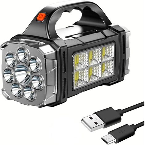 Lampe torche d'urgence portable LED + COB avec cellule solaire rechargeable puissante via USB pour le camping, batterie externe (Powerbank) - AquaForge (1/3)
