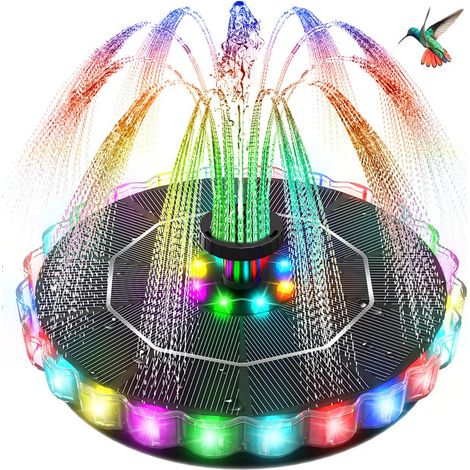 Fontaine Solaire LED Couleurs avec Batterie 2000mAh - Pompe Flottante pour Bain d'Oiseaux et Bassin de Jardin - 3,5W avec 7 Buses et 4 Tiges de Fixation (1/5)
