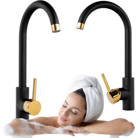 Mitigeur de cuisine Rosa Silla, robinet évier en laiton, économie d’eau, design moderne, Noir/Or (1/5)