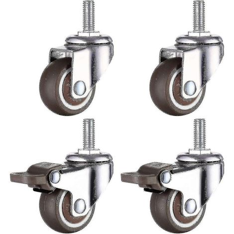 Roulettes robustes universelles pour chaises avec système de freinage unique, roulettes frein M8, diamètre du filetage : 8 mm, longueur : 20 mm, 2 avec freins + 2 sans freins. (1/5)