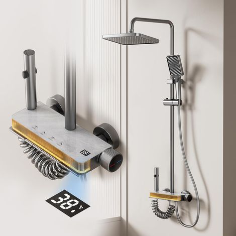 Shower Column with Digital LED Display, Height Adjustable Shower System, 4 Jet Types, Wall Mounted Shower System with Tap, Grey (1/5)