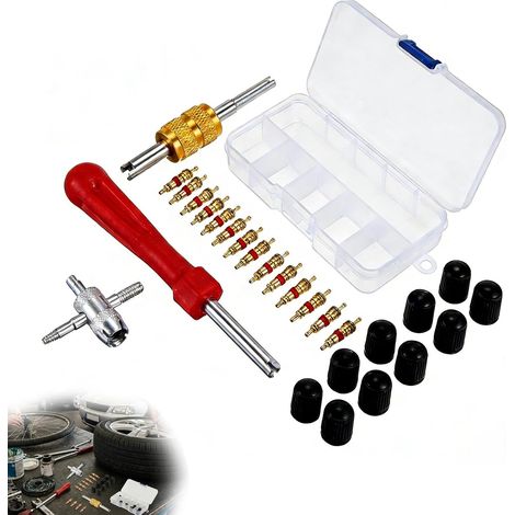 Kit de Dépose de Valve de Pneu, Demonte Obus Valve, Comprend valves, Une Clé De Démontage de Valve, Un Outil Polyvalent à Quatre Fonctions Et Bouchons de Valve (1/5)